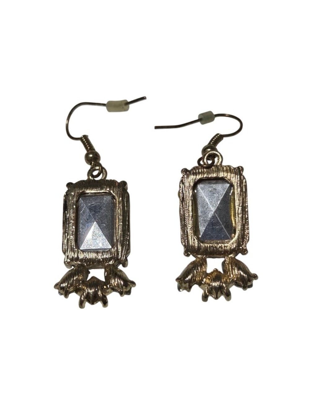 Vintage Drop Earrings Large Gray Crystal Accents Gold Tone Retro Fashion Jewelry